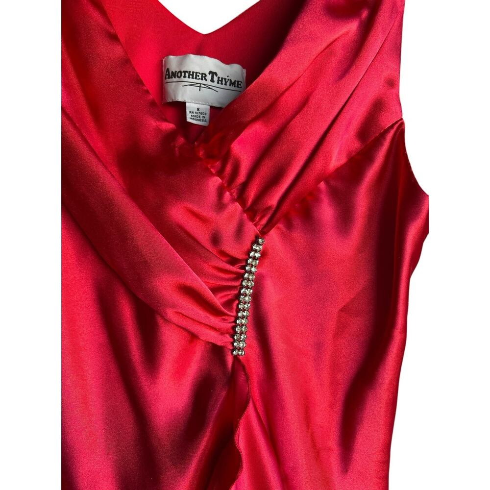 Vtg 90s Another Thyme Womens Top Size S Red Satin V Neck Sexy Cocktail Blouse - Picture 2 of 6